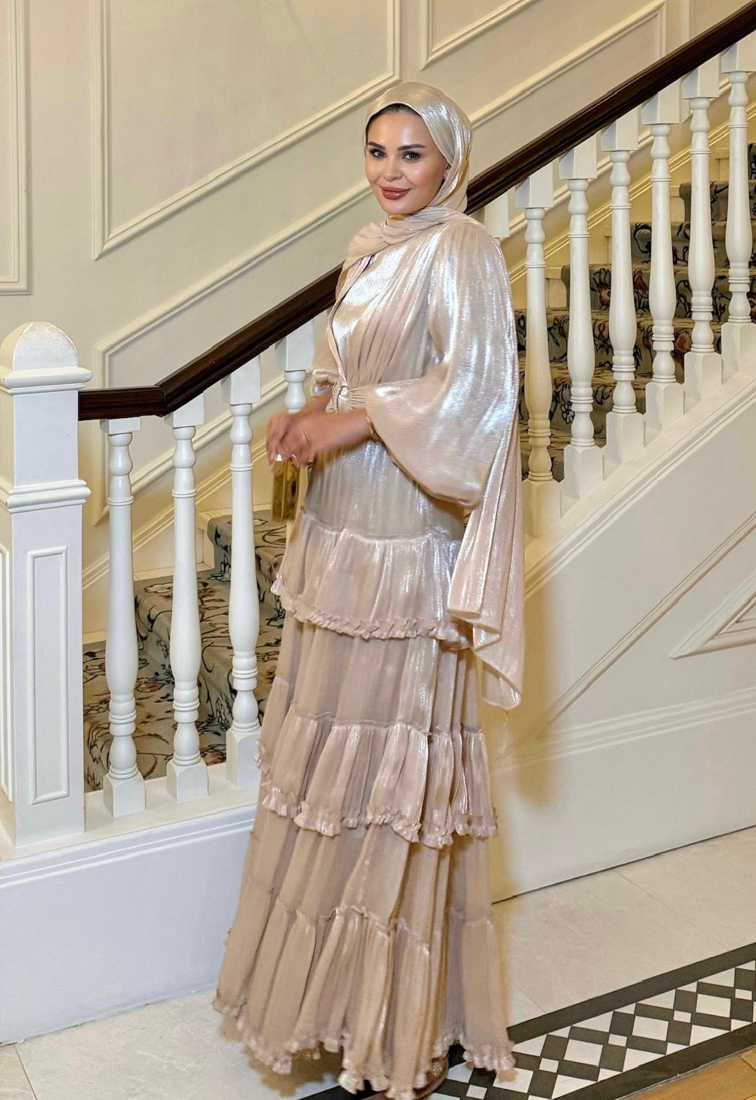 Firuza Shimmer Chiffon Maxi Dress – Beige