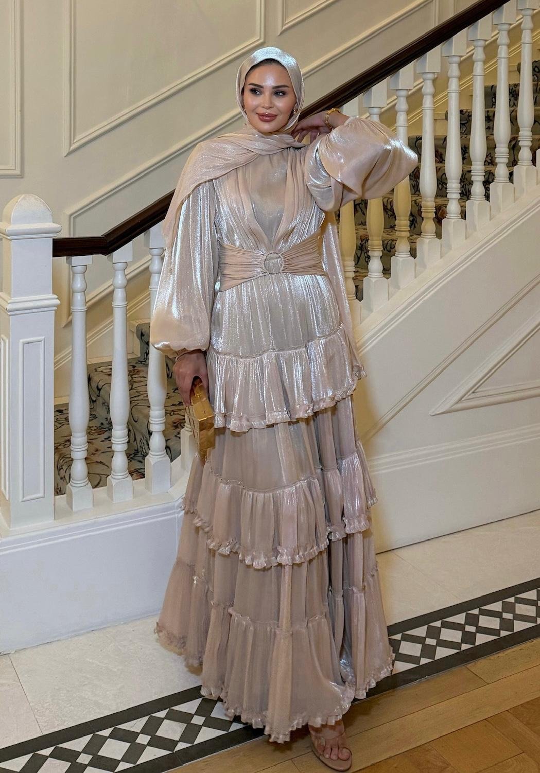 Firuza Shimmer Chiffon Maxi Dress – Beige