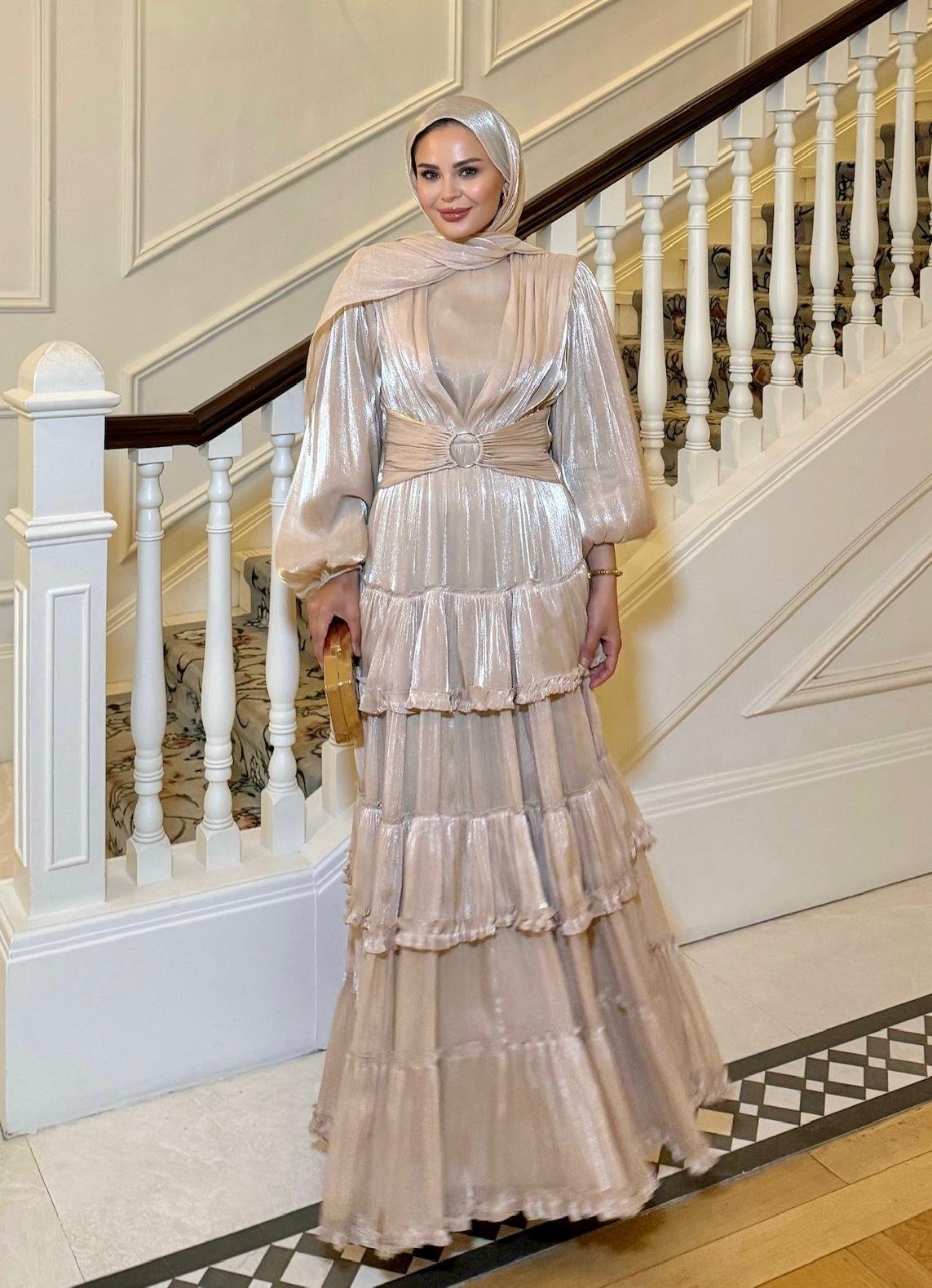 Firuza Shimmer Chiffon Maxi Dress – Beige