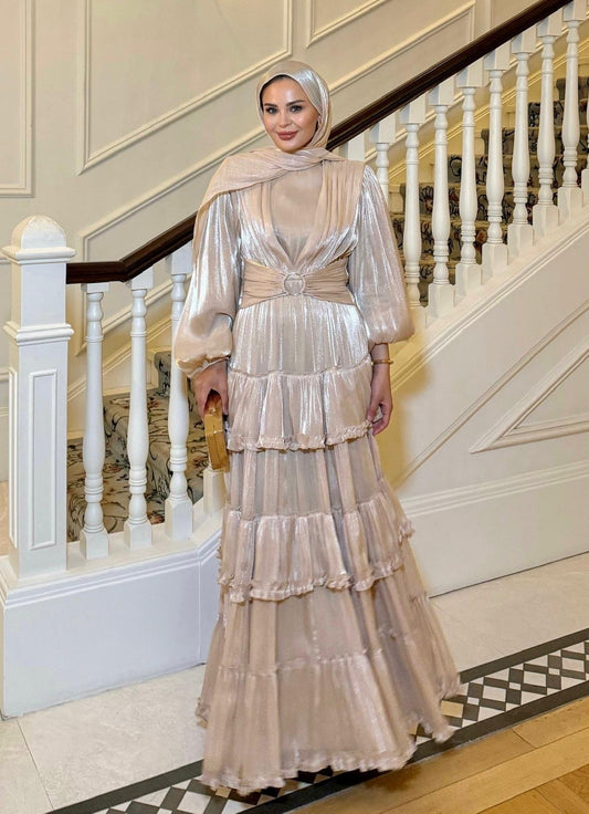 Firuza Shimmer Chiffon Maxi Dress – Beige