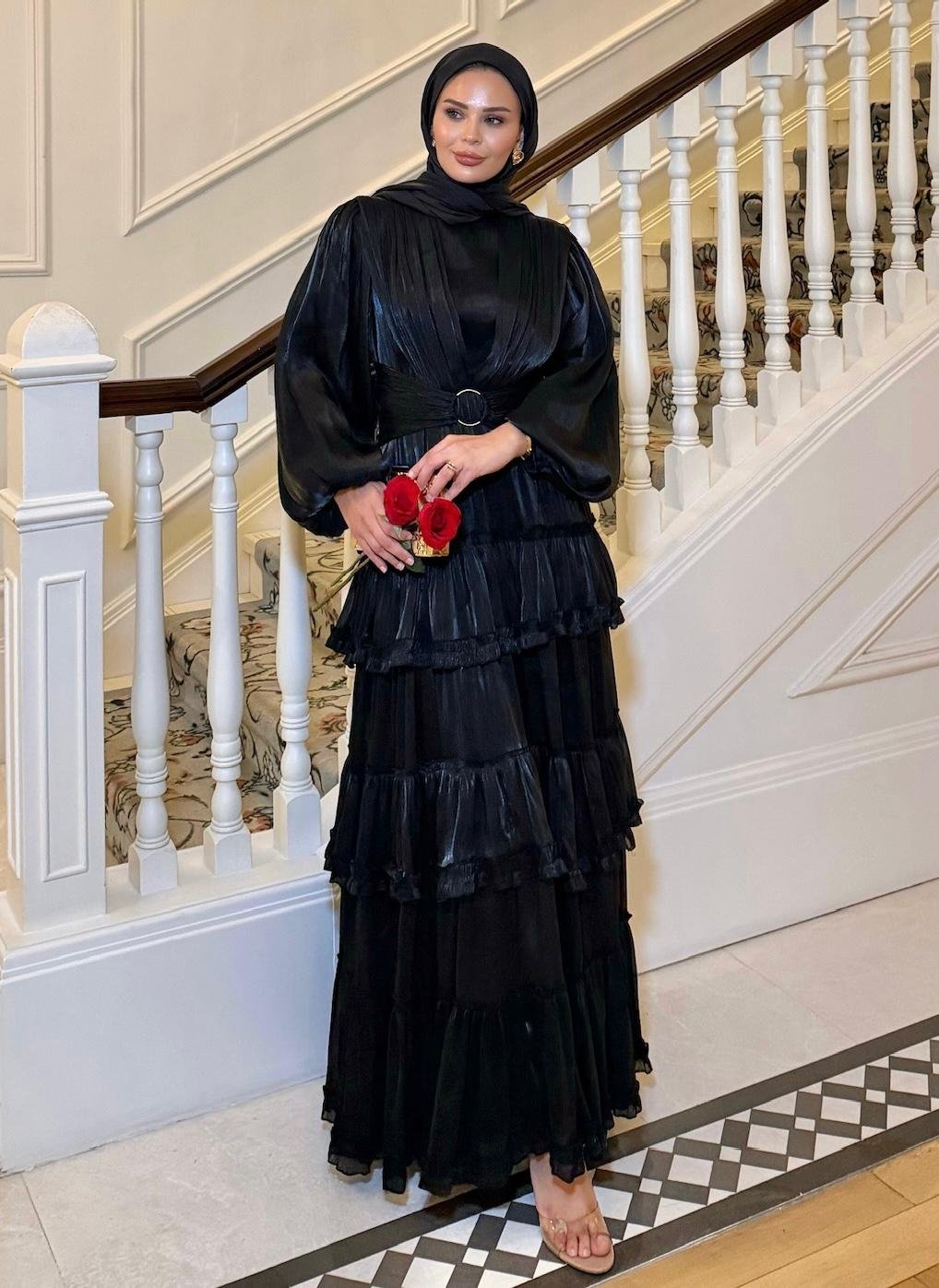 Firuza Shimmer Chiffon Maxi Dress – Black