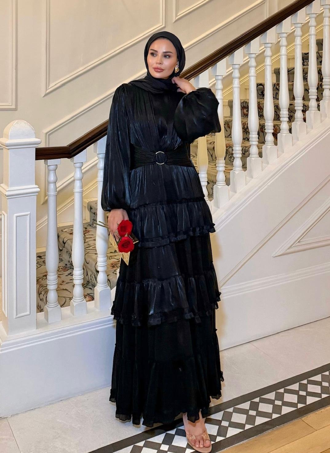 Firuza Shimmer Chiffon Maxi Dress – Black