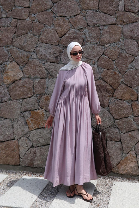 Limited Collection Pleated Detail Lilac Balloon Sleeve Dress
