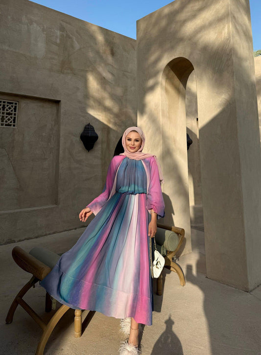 Pink Ombre Chiffon Blouse & Skirt Set