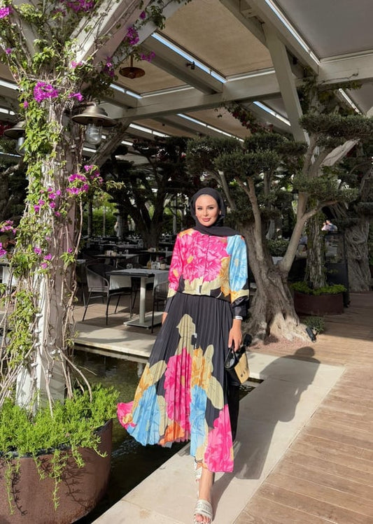 Floral Black Pleated Set
