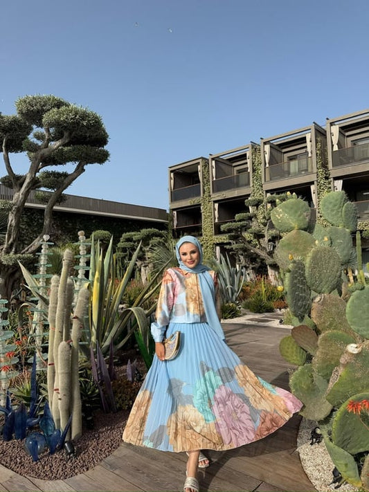 Floral Blue Pleated Set