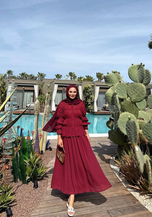 Lightweight Blouse and Skirt Set with in Burgundy
