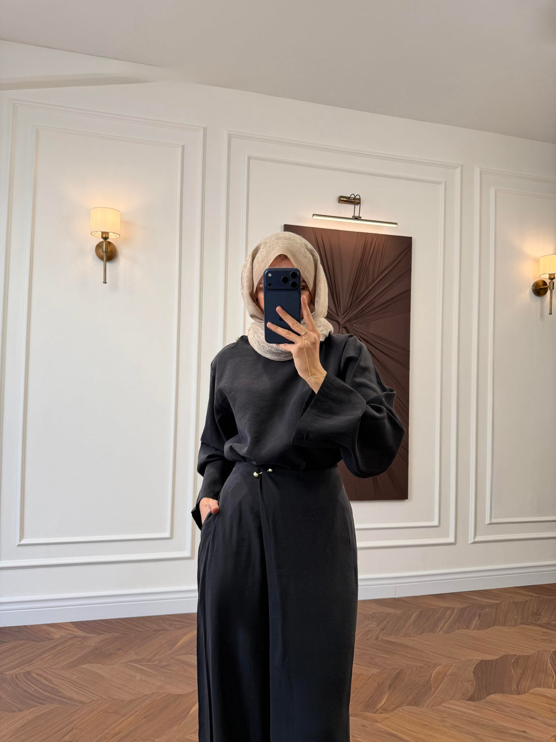 Tencel Oversized Top & Wide-Leg Trouser Co-ord Set with Brooch Waist Detail Black