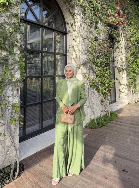 Pistachio Green Pleated Kimono & Trousers Set