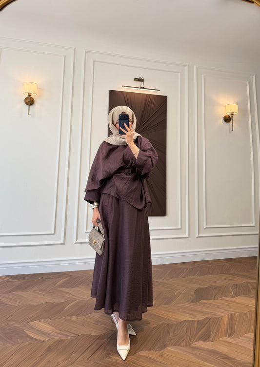 Belted Cape-Sleeve Top & Flared Maxi Skirt Co-ord Set Burgundy