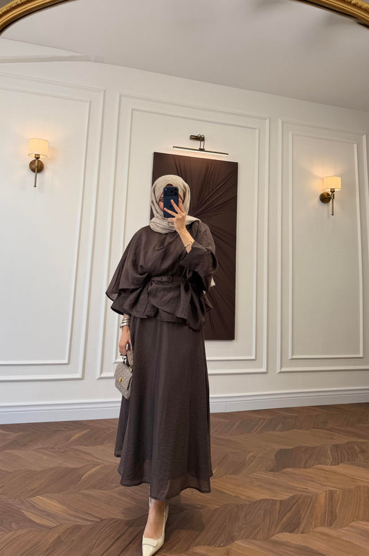 Belted Cape-Sleeve Top & Flared Maxi Skirt Co-ord Set