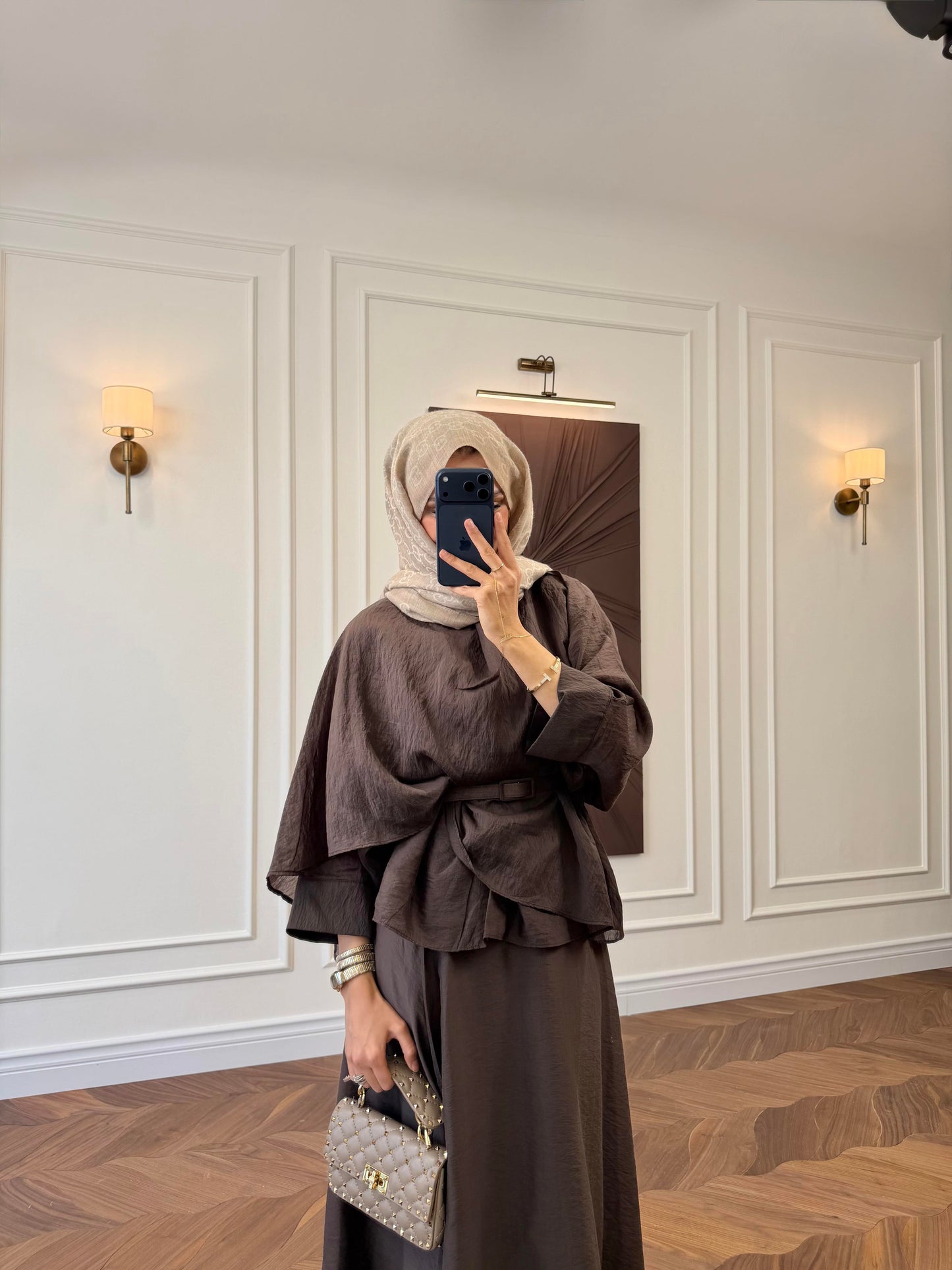 Belted Cape-Sleeve Top & Flared Maxi Skirt Co-ord Set