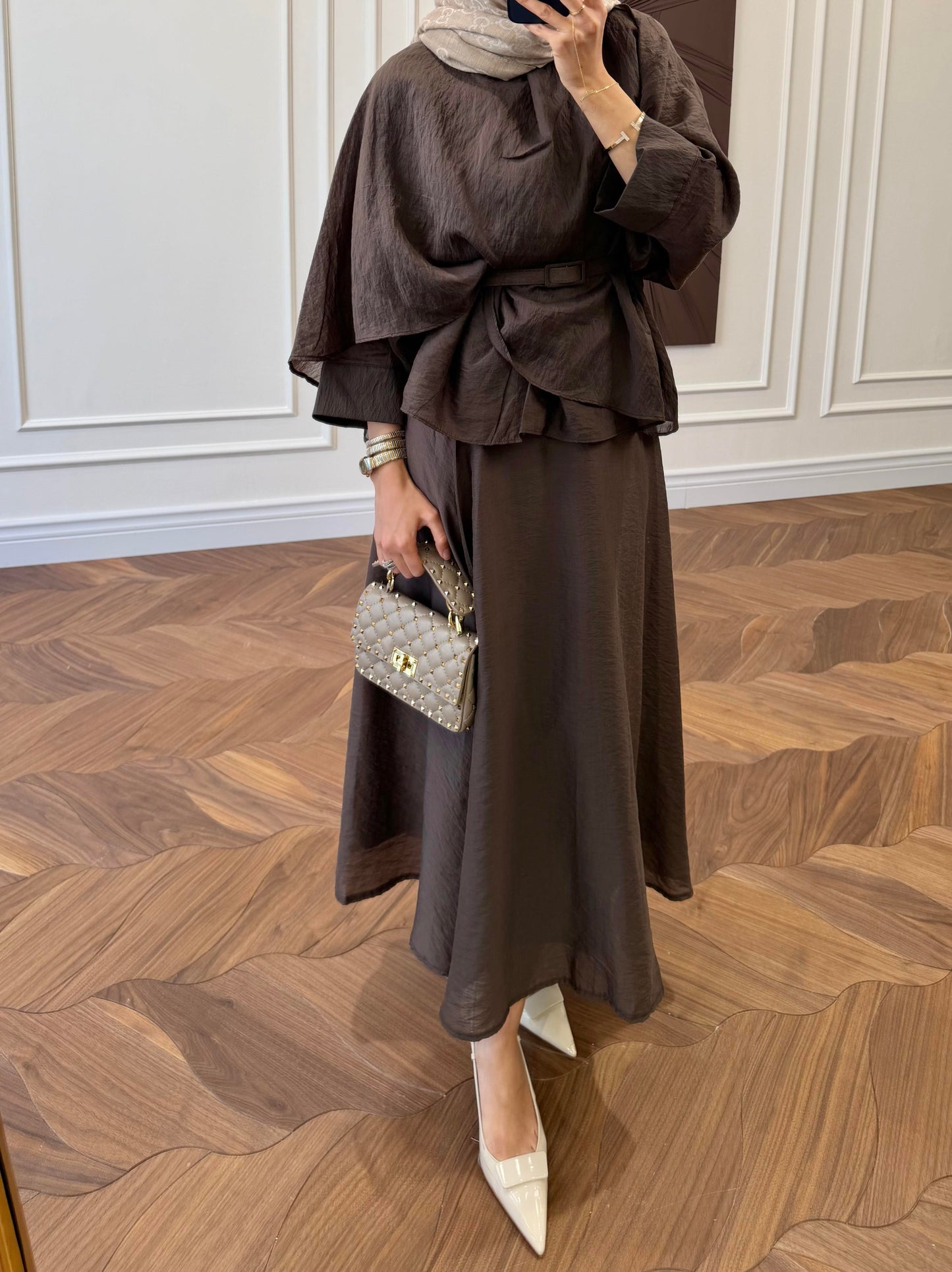 Belted Cape-Sleeve Top & Flared Maxi Skirt Co-ord Set