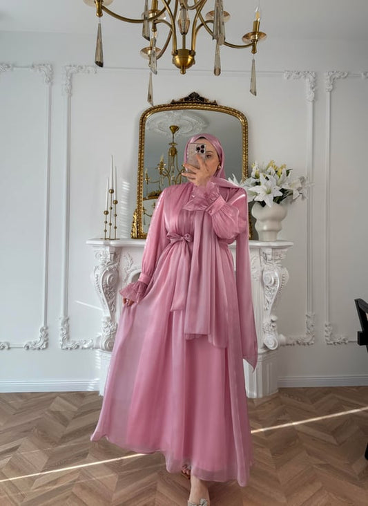 Pink Shiny Chiffon Detailed Ruffle Sleeve Evening Dress