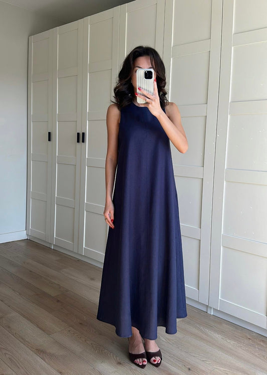 Sleeveless Linen Inner Dress – Navy Blue