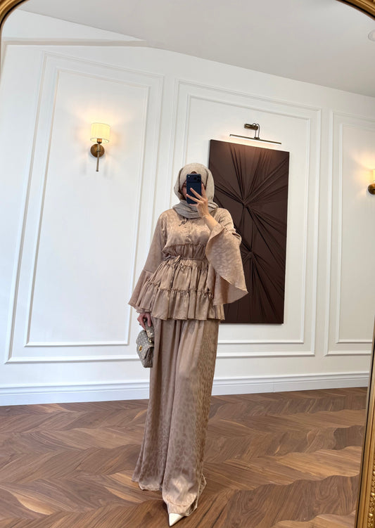 Ruffle Detail Two-Piece Co-ord Set – Long Sleeve Blouse & Wide Leg Trousers - Caramel