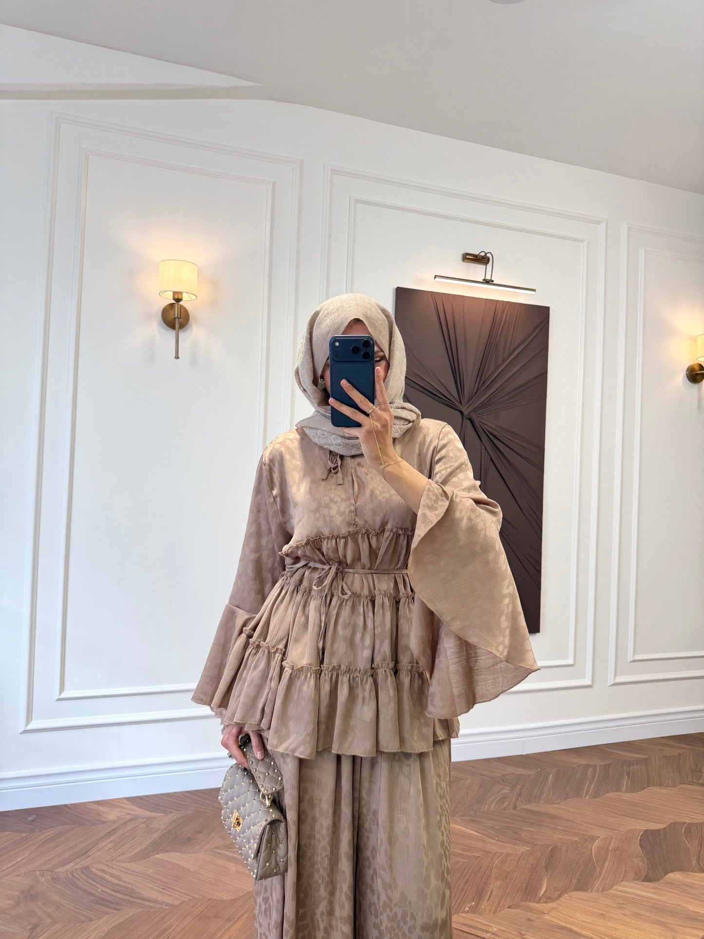 Ruffle Detail Two-Piece Co-ord Set – Long Sleeve Blouse & Wide Leg Trousers - Caramel