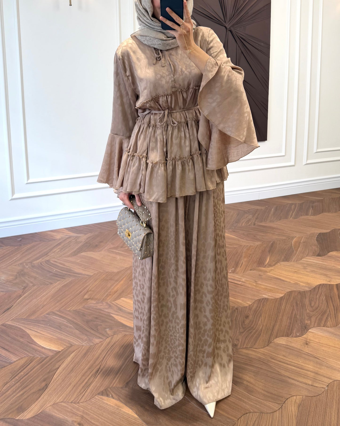 Ruffle Detail Two-Piece Co-ord Set – Long Sleeve Blouse & Wide Leg Trousers - Caramel