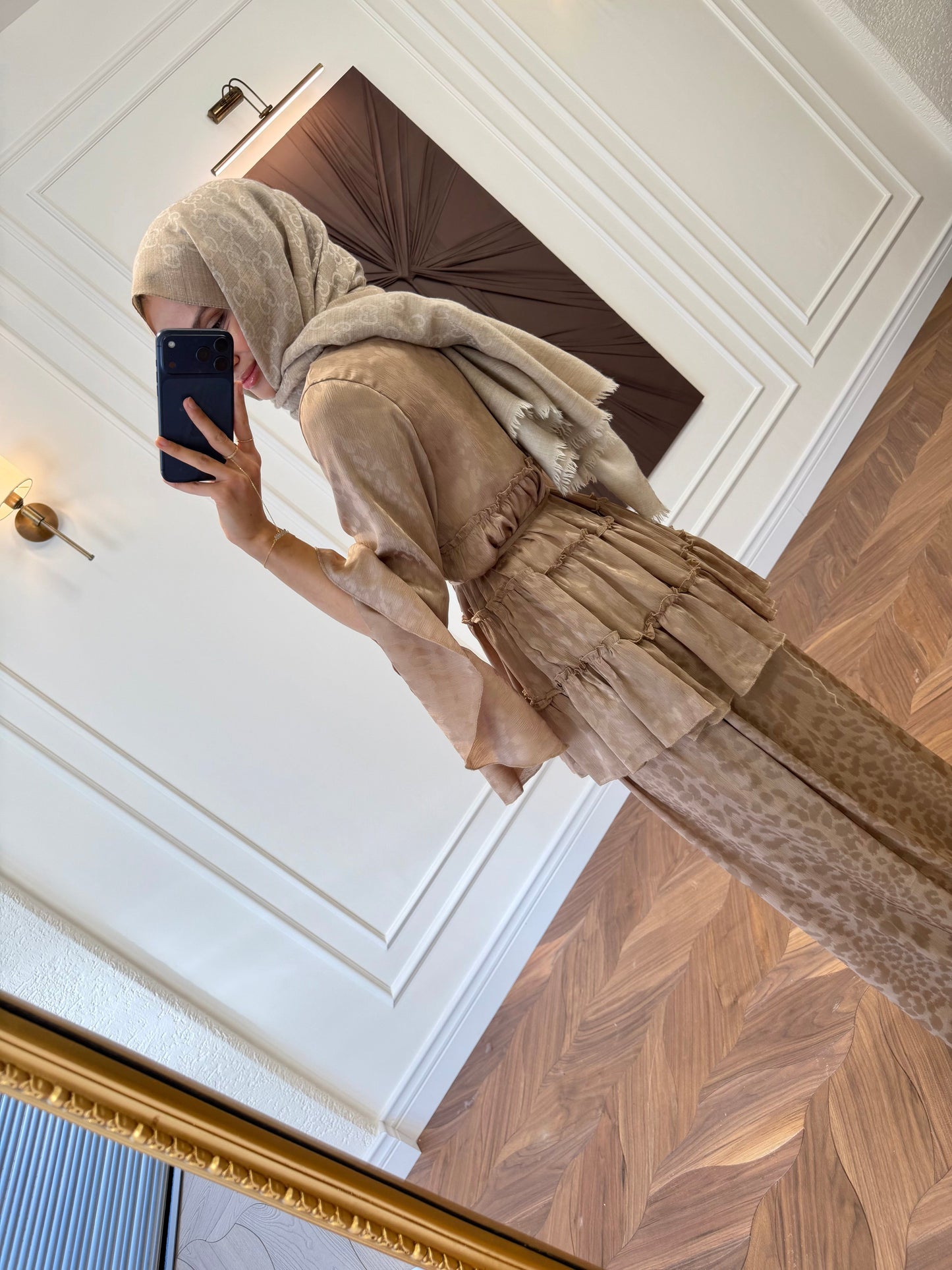 Ruffle Detail Two-Piece Co-ord Set – Long Sleeve Blouse & Wide Leg Trousers - Caramel