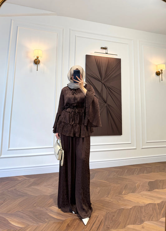 Ruffle Detail Two-Piece Co-ord Set – Long Sleeve Blouse & Wide Leg Trousers - Brown