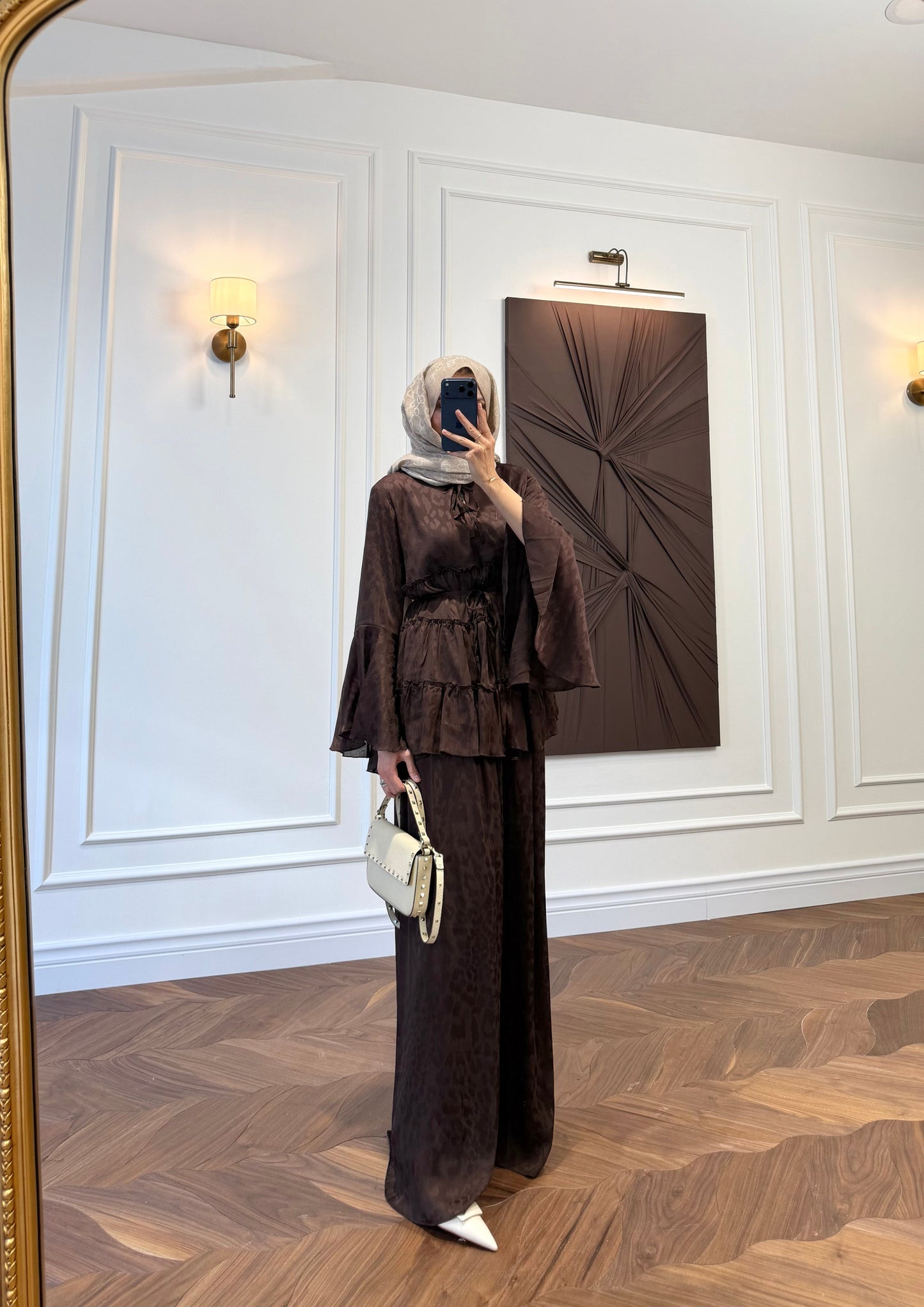Ruffle Detail Two-Piece Co-ord Set – Long Sleeve Blouse & Wide Leg Trousers - Brown