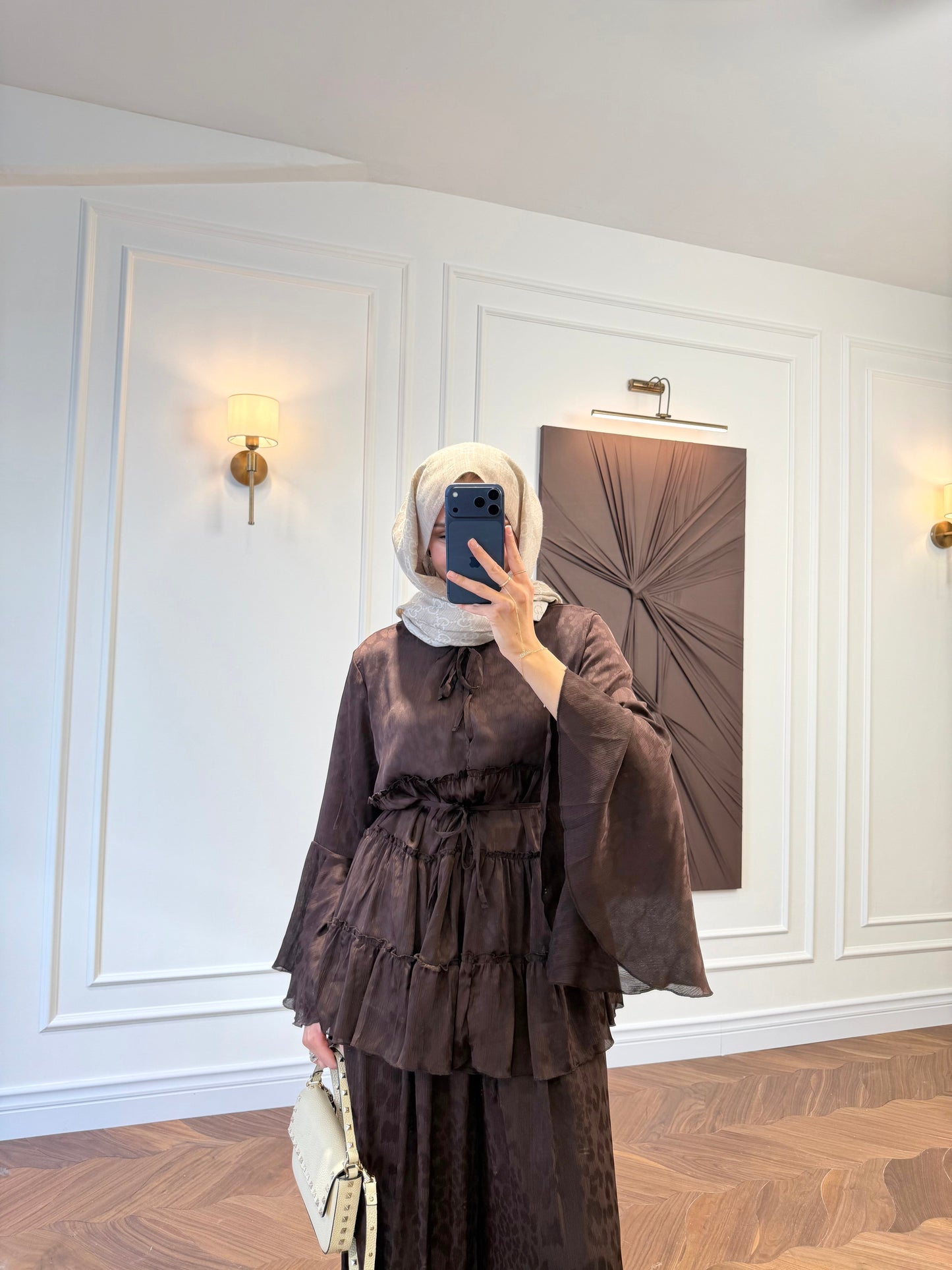Ruffle Detail Two-Piece Co-ord Set – Long Sleeve Blouse & Wide Leg Trousers - Brown