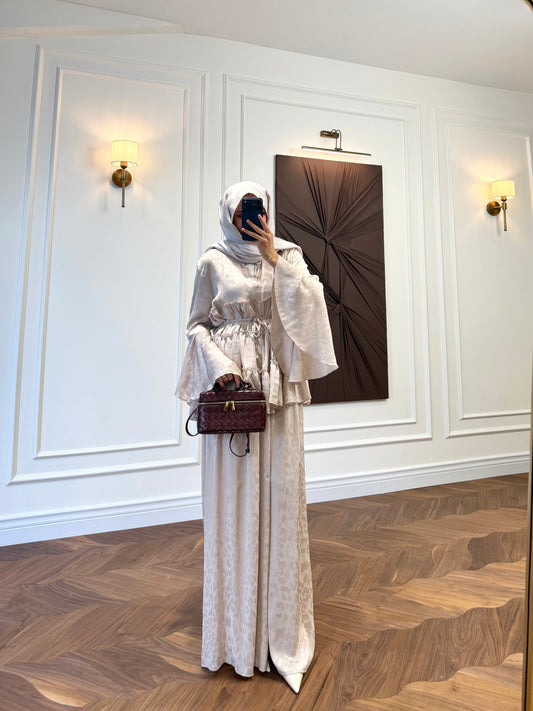 Ruffle Detail Two-Piece Co-ord Set – Long Sleeve Blouse & Wide Leg Trousers - Beige