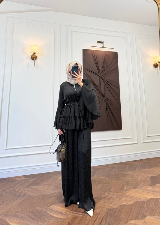 Ruffle Detail Two-Piece Co-ord Set – Long Sleeve Blouse & Wide Leg Trousers - Black