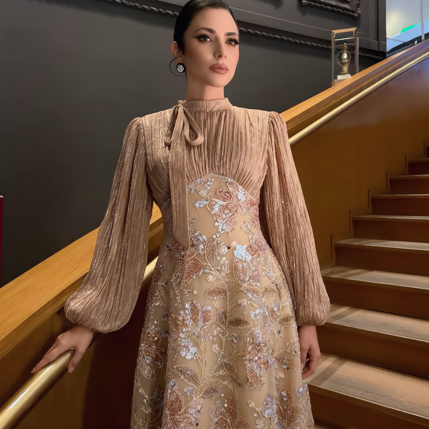 Lisbonne Orchid & Embroidery Modest Evening Gown - Gold