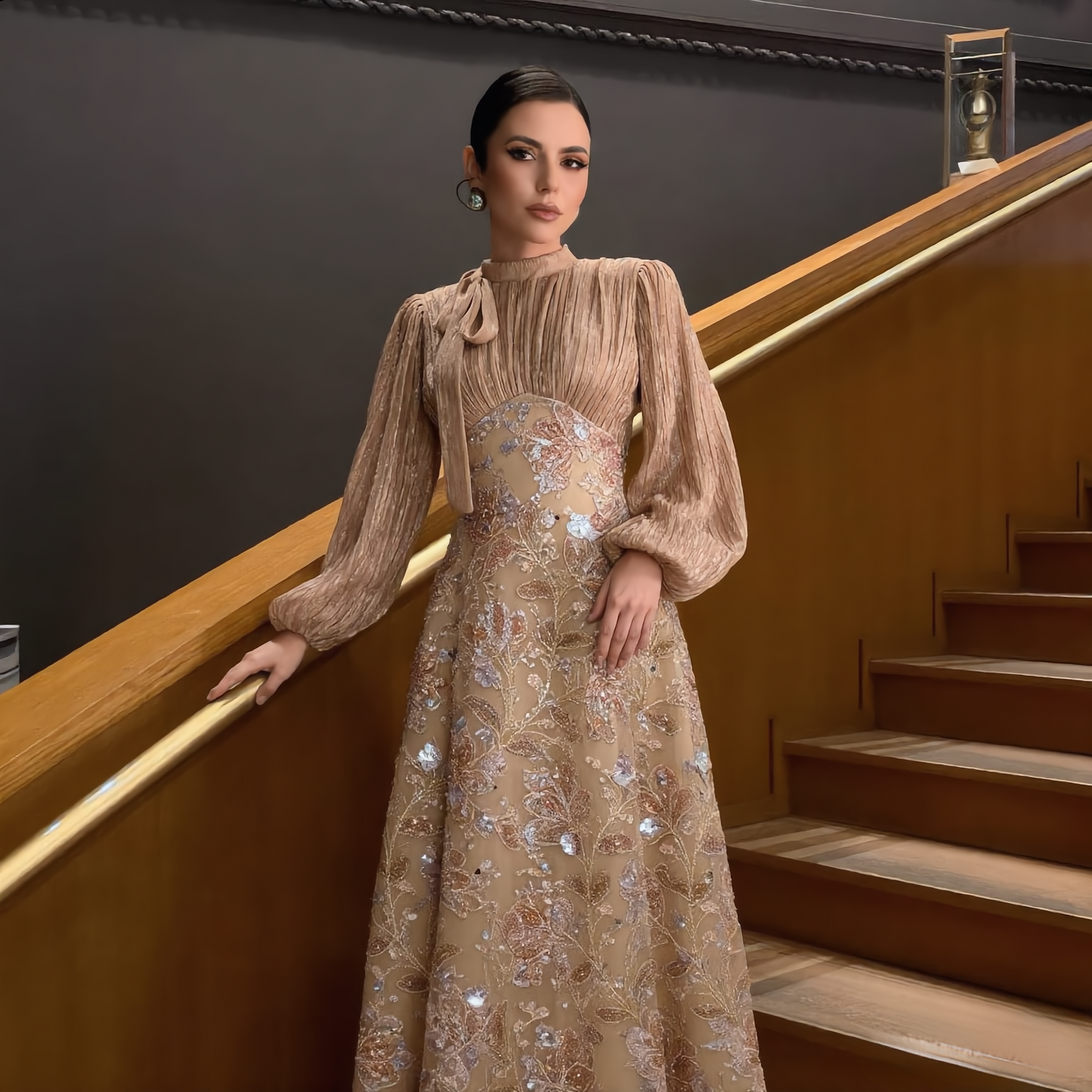 Lisbonne Orchid & Embroidery Modest Evening Gown - Gold