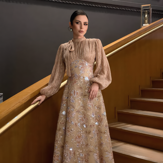 Lisbonne Orchid & Embroidery Modest Evening Gown - Gold