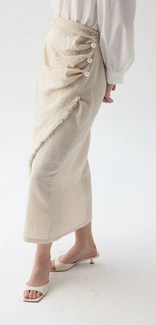 Cream Pearl Button Wrap Linen Skirt
