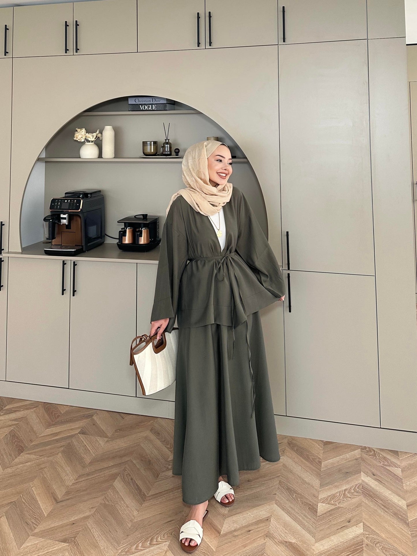 Khaki Modal Kimono and Skirt Set