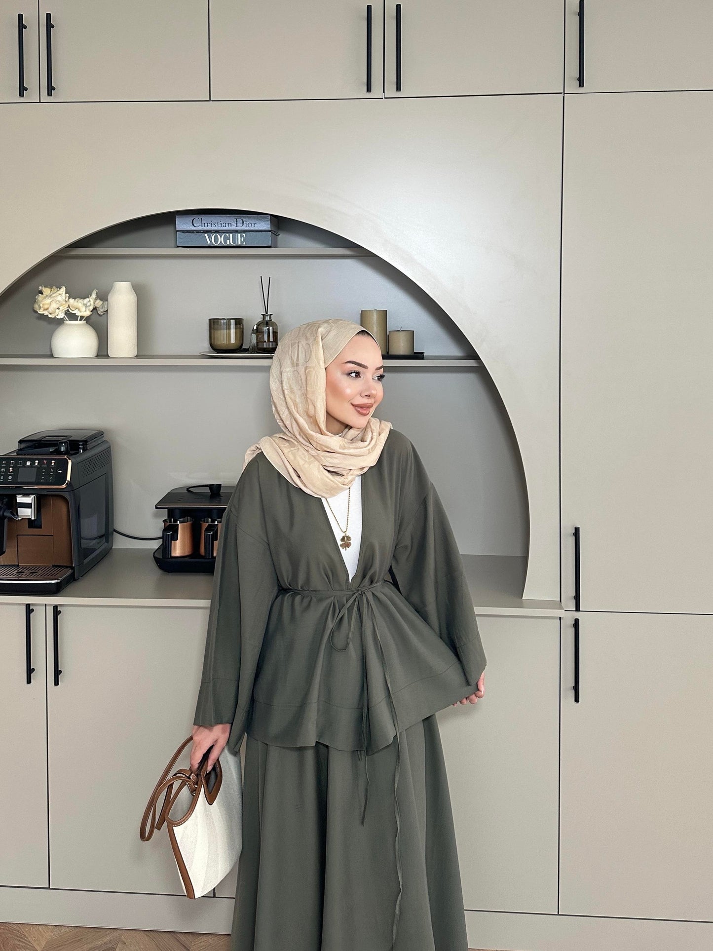 Khaki Modal Kimono and Skirt Set