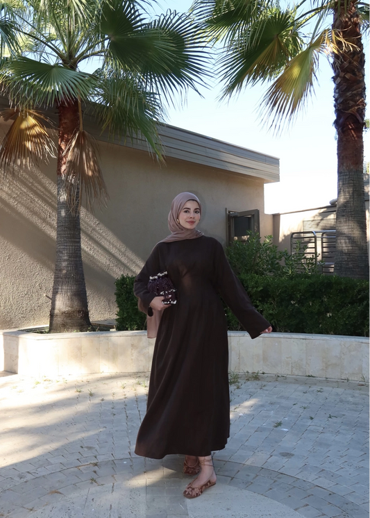 Pleated Waist Linen Maxi Dress in Brown
