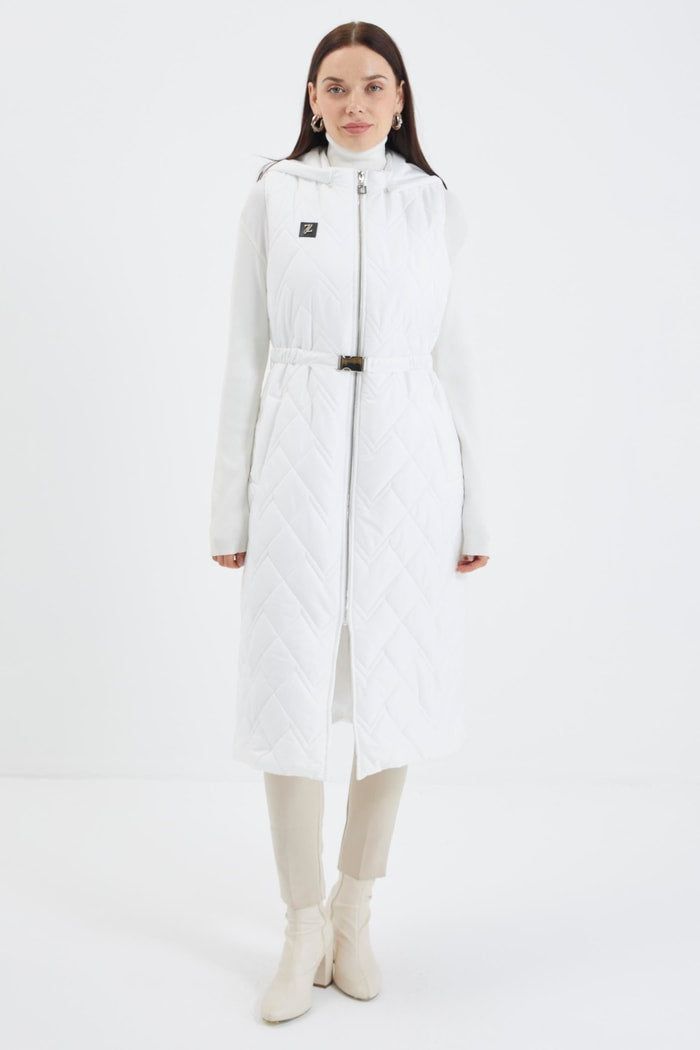 Hooded Long Quilted Puffer Vest – Off White