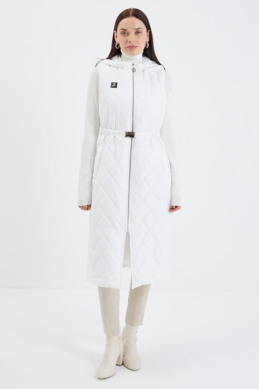 Hooded Long Quilted Puffer Vest – Off White