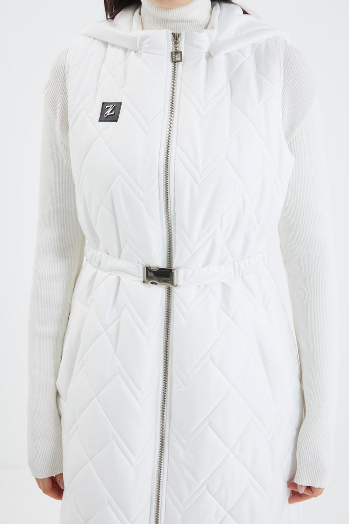 Hooded Long Quilted Puffer Vest – Off White