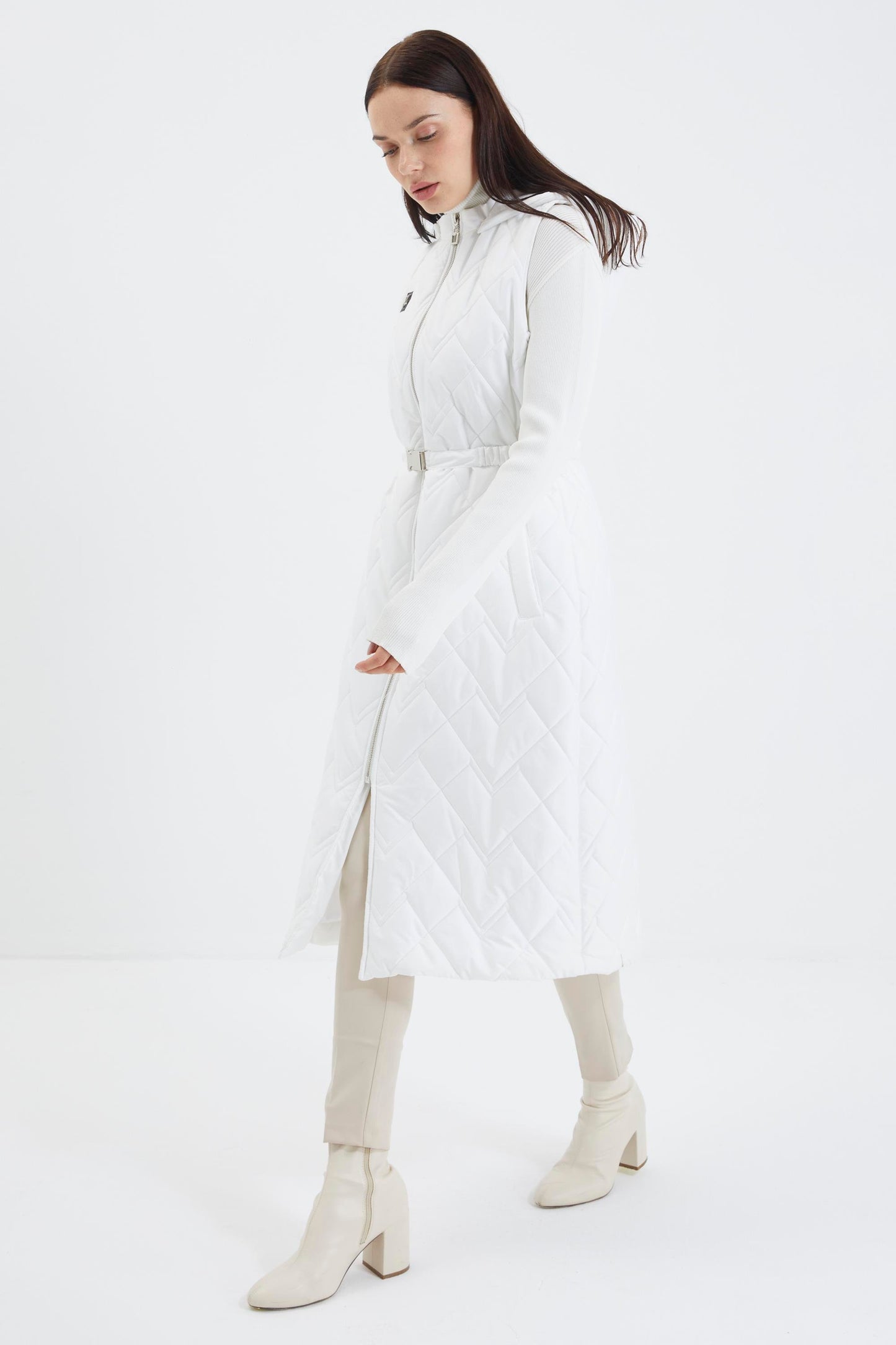 Hooded Long Quilted Puffer Vest – Off White