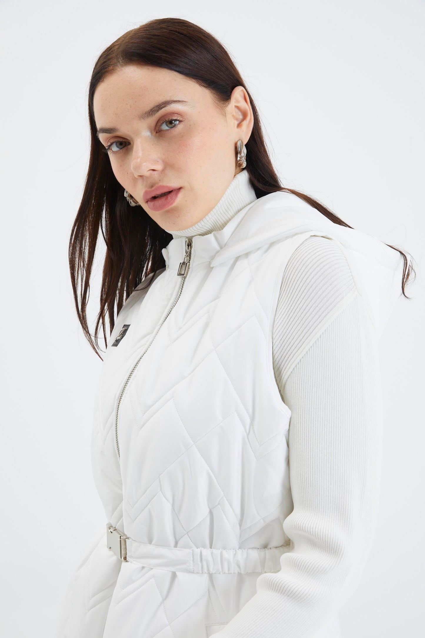 Hooded Long Quilted Puffer Vest – Off White