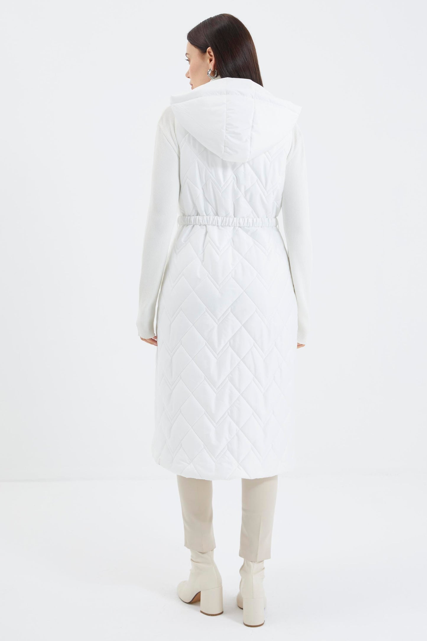 Hooded Long Quilted Puffer Vest – Off White