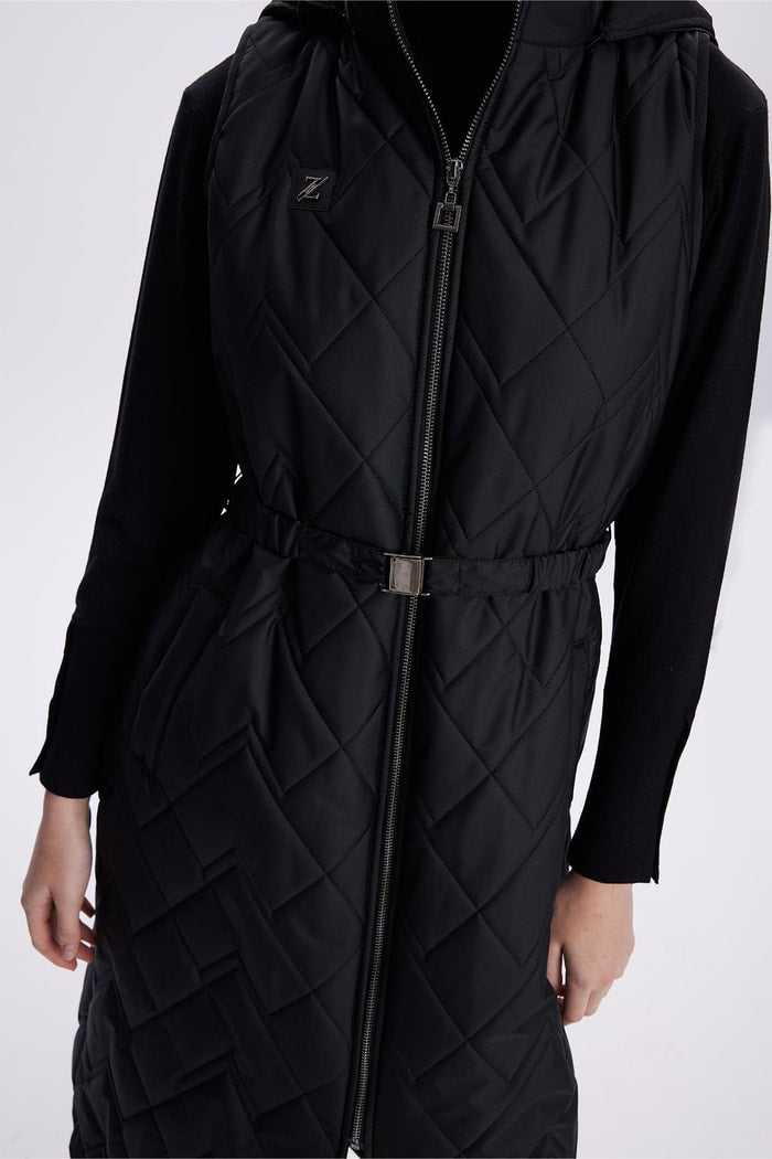 Hooded Long Quilted Puffer Vest – Black
