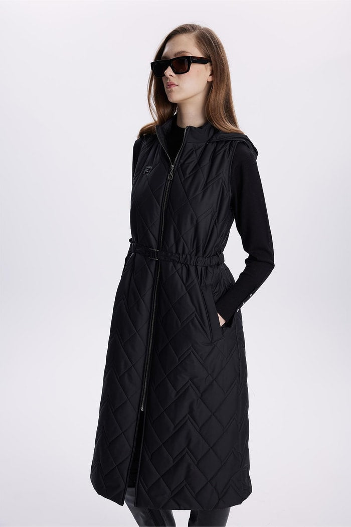 Hooded Long Quilted Puffer Vest – Black