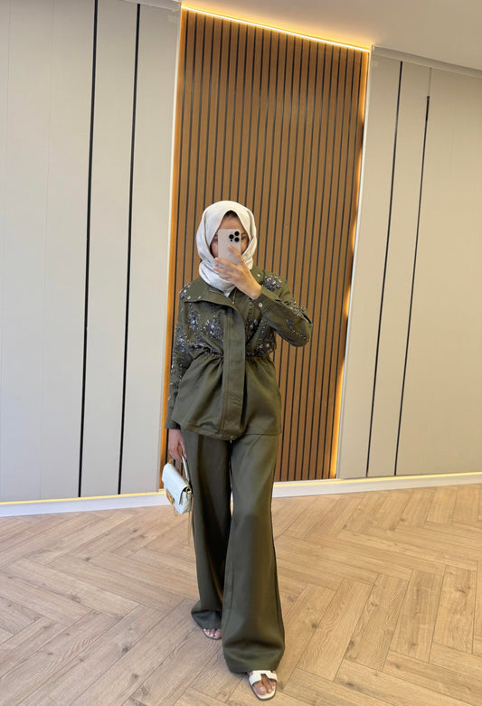 Limited Edition Tencel Set with Bead Embroidery- Khaki