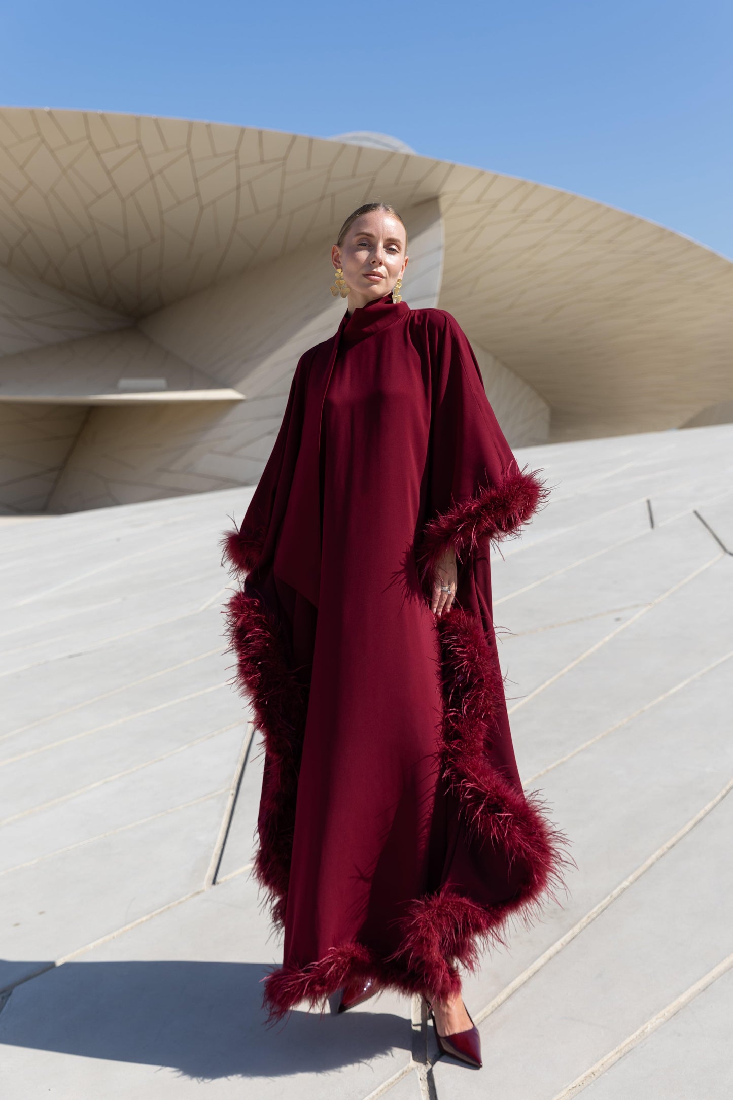 Limited Collection Feather Trimmed Burgundy Kaftan Dress