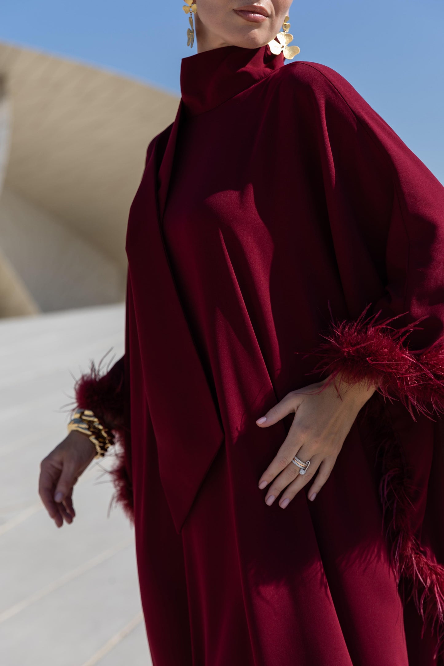 Limited Collection Feather Trimmed Burgundy Kaftan Dress