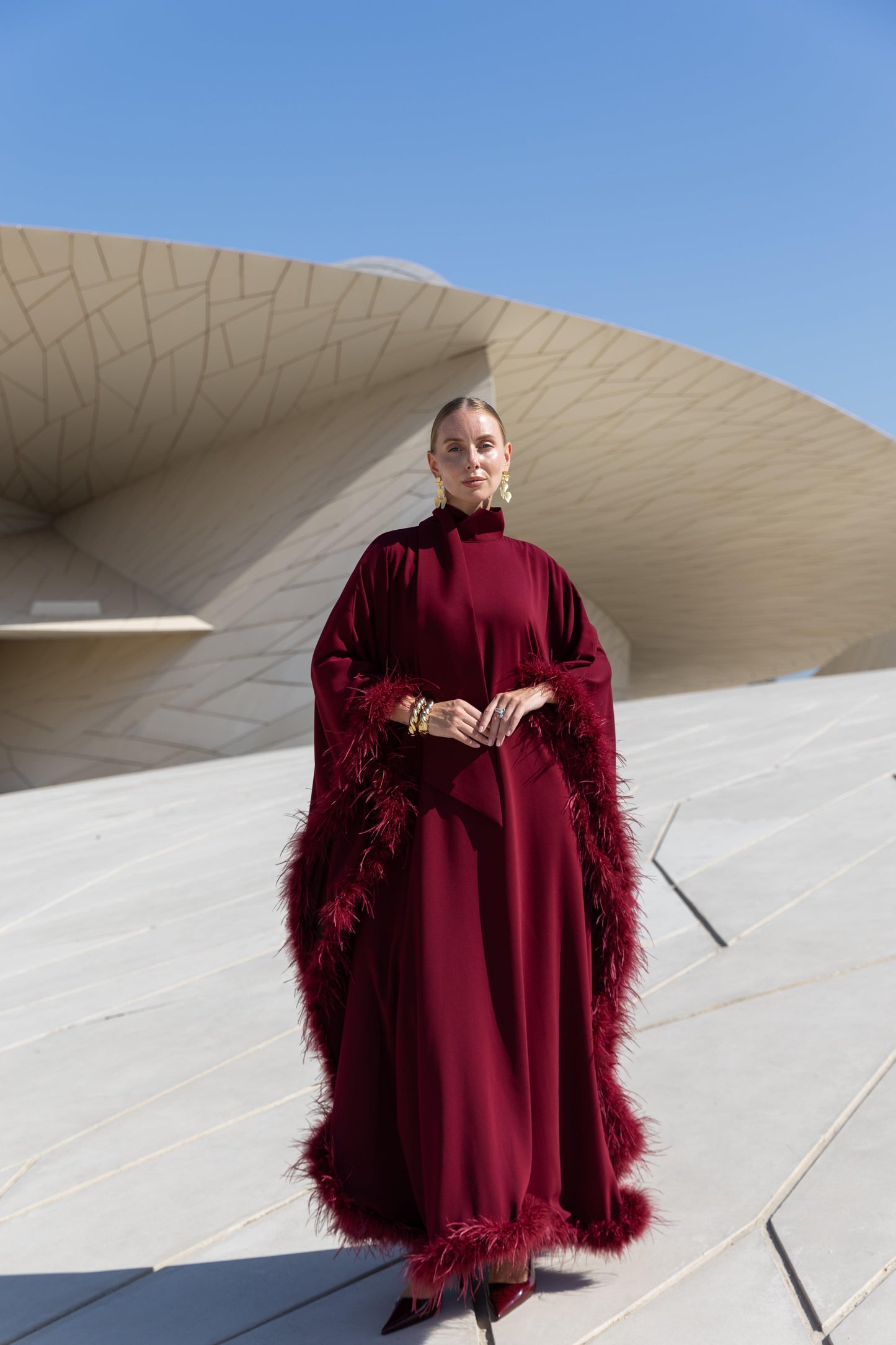 Limited Collection Feather Trimmed Burgundy Kaftan Dress