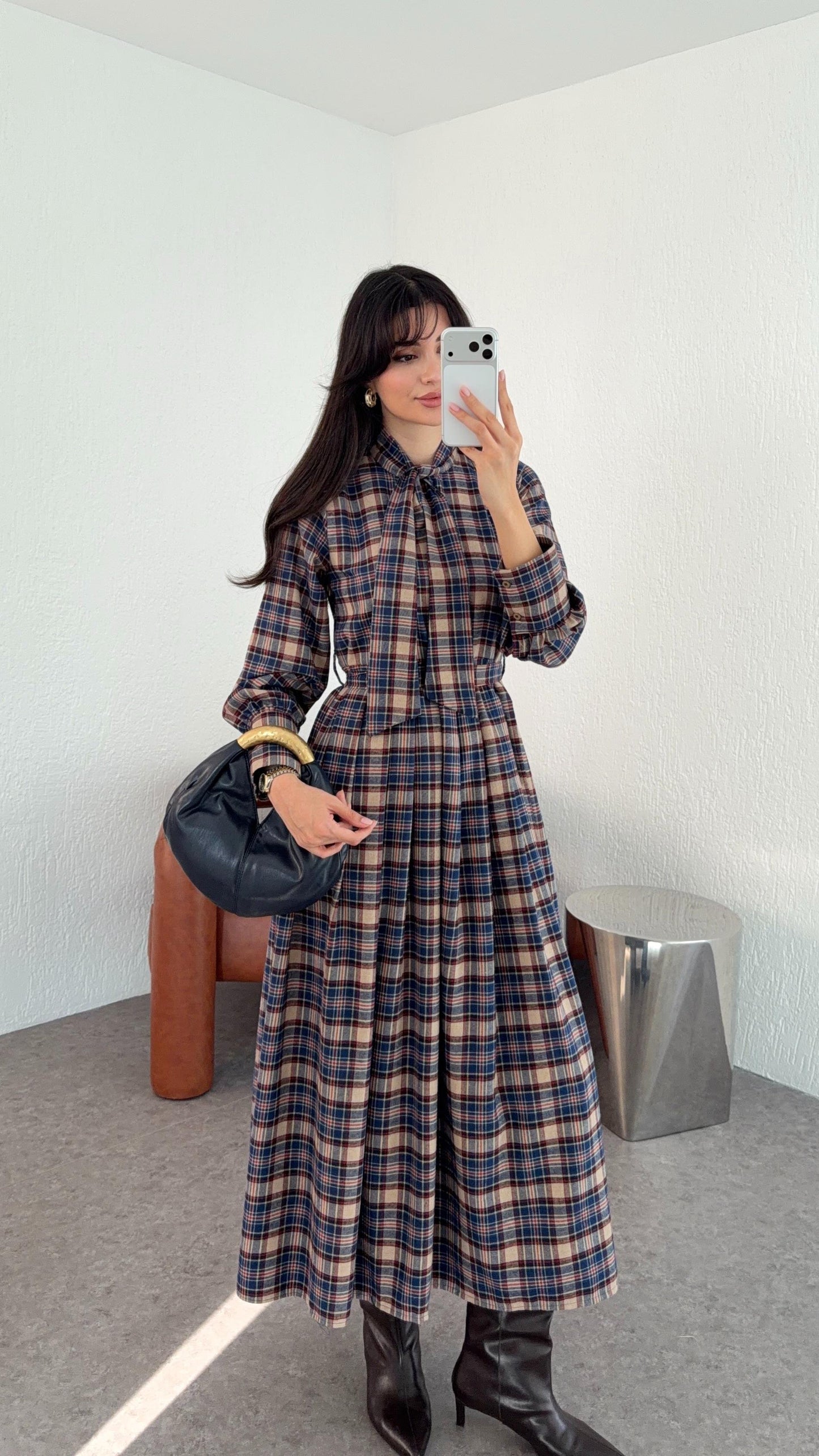 Bow-Collar Blue Gingham Dress