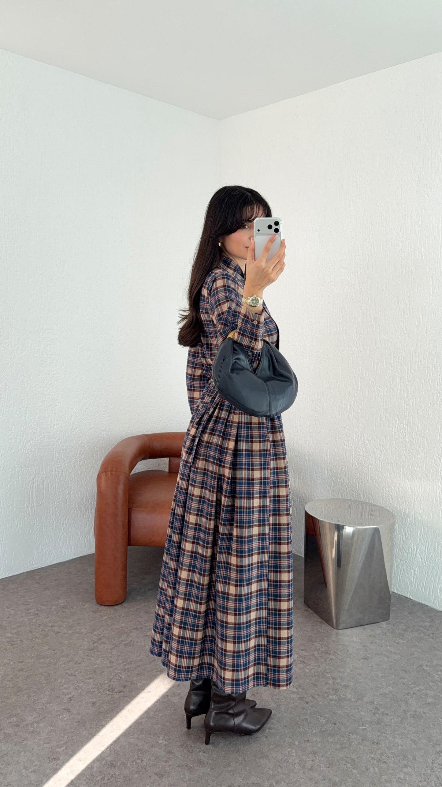 Bow-Collar Blue Gingham Dress