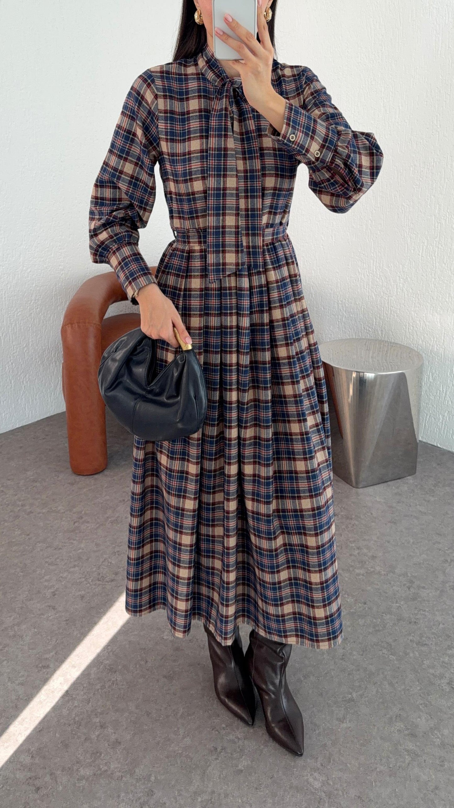 Bow-Collar Blue Gingham Dress